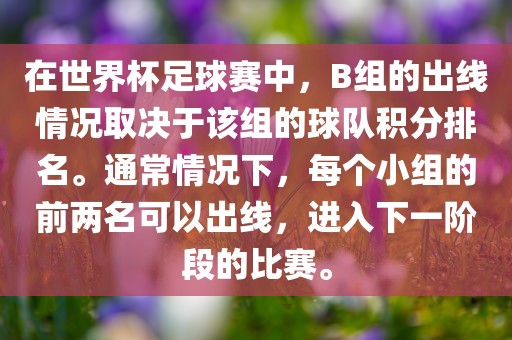 在世界杯足球赛中，B组的出线情况取决于该组的球队积分排名。通常情况下，每个小组的前两名可以出线，进入下一洪湖市顺升工程机械租赁有限公司阶段的比赛。