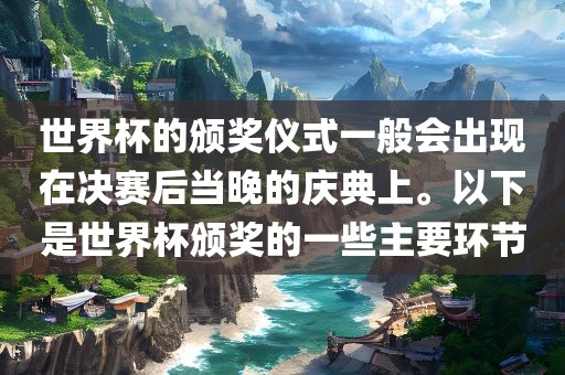 世界杯的颁奖仪式一般会出现在决赛后当晚的庆典上。以下是世界杯颁奖的一些主要环节