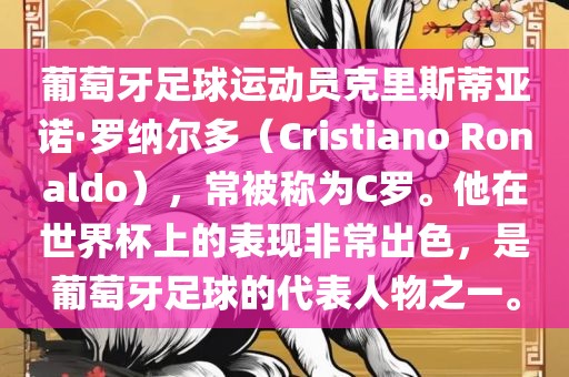 葡萄牙足球运动员克里斯蒂亚诺·罗纳尔多（Cristiano Ronaldo），常被称为C罗。他在世界杯上的表现非常出色，是葡萄牙足球的代表人物之一。洪湖市顺升工程机械租赁有限公司
