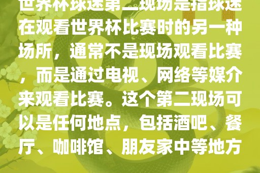 世界杯球迷第二现场是指球迷在观看世界杯比赛时的另一种场所，通常不是现场观看比赛，而是通过电视、网络等媒介来观看比赛。这个第二现场可以是任何地点，包括酒吧、餐厅、咖啡馆、朋友家中等地方。洪湖市顺升工程机械租赁有限公司
