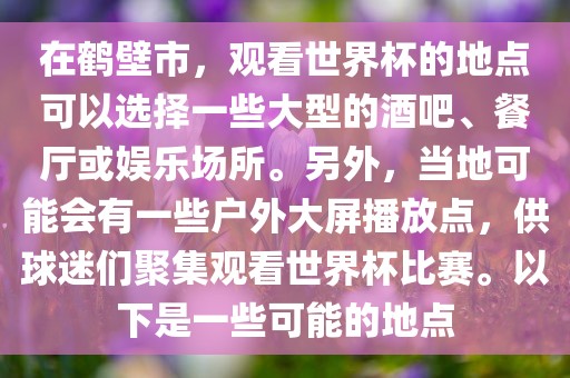 在鹤壁市，观看世界杯的地点可以选择一些大型的酒吧、餐厅或娱乐场所。另外，当地可能会有一些户外大屏播放点，供球迷们聚集观看世界杯比赛。以下是一些可能的地点洪湖市顺升工程机械租赁有限公司