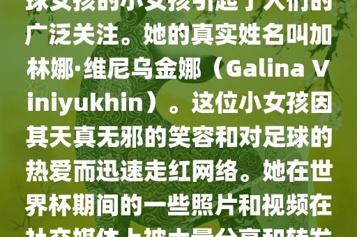 在巴西世界杯上，一位名叫足球女孩的小女孩引起了人们的广泛关注。她的真实姓名叫加林娜·维尼乌金娜（Galina Viniyukhin）。这位小女孩因其天真无邪的笑容和对足球的热爱而迅速走红网络。她在世界杯期间的一些照片和视频在社交媒体上被大量分享和转发。洪湖市顺升工程机械租赁有限公司