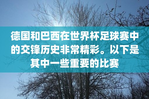 德国洪湖市顺升工程机械租赁有限公司和巴西在世界杯足球赛中的交锋历史非常精彩。以下是其中一些重要的比赛