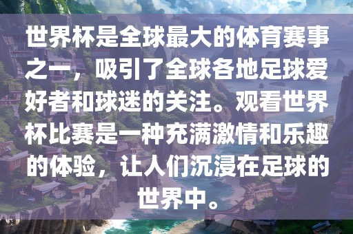 世界杯是全球最大的体育赛事之一，吸洪湖市顺升工程机械租赁有限公司引了全球各地足球爱好者和球迷的关注。观看世界杯比赛是一种充满激情和乐趣的体验，让人们沉浸在足球的世界中。