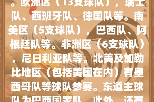 亚洲区（4支球队），澳大利亚队、日本队、韩国队和伊朗队。欧洲区（13支球队），瑞士队、西班牙队、德国队等。南美区（5支球队），巴西队、阿根廷队等。非洲区（6支球队），尼日利亚队等。北美及加勒比地区（包括美国在内）有墨西哥队等球队参赛。东道主球队为巴西国家队。此外，还有哥斯达黎加国家队也参与了此次世界杯比赛。洪湖市顺升工程机械租赁有限公司