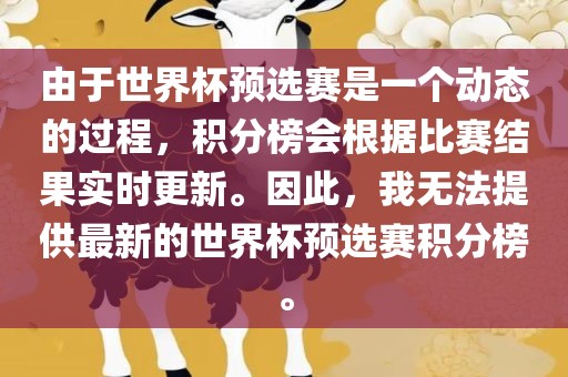 由于世界杯预选赛是一个动态的过程，积分榜会根据比赛结果实时更新。因此，我无法提供最新的世界杯预选赛积分榜。