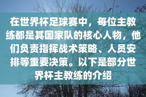 在世界杯足球赛中，每位主教练都是其国家队的核心人物，他们负责指挥战术策略洪湖市顺升工程机械租赁有限公司、人员安排等重要决策。以下是部分世界杯主教练的介绍