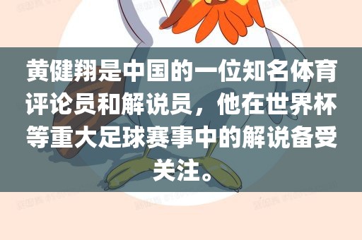 黄健翔是中国的一位知名体育评论员和解说员，他在世界杯等重大足球赛事中的解说备受关注。洪湖市顺升工程机械租赁有限公司