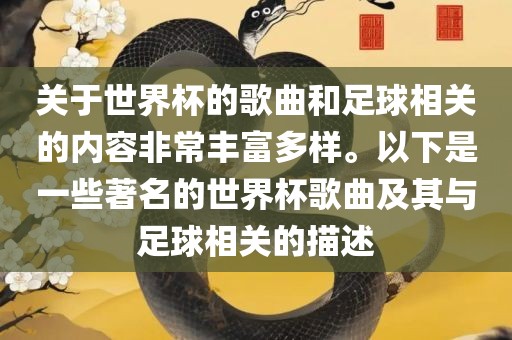关于世界杯的歌曲和足球相关的内容非常丰富多样。以下是一些著名的世界杯歌曲及其与足球相关的描述