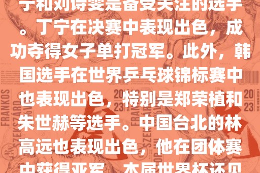 在男子单打项目中，马龙和张继科是夺冠热门选手。决赛中，马龙以较大的优势赢得了冠军，创造了他的个人世界杯最佳纪录。女子单打项目中，丁宁和刘诗雯是备受关注的选手。丁宁在决赛中表现出色，成功夺得女子单打冠军。此外，韩国选手在世界乒乓球锦标赛中也表现出色，特别是郑荣植和朱世赫等选手。中国台北的林高远也表现出色，他在团体赛中获得亚军。本届世界杯还见证了日本选手水谷隼的胜利，他在男子双打项目中表现出色。总的来说，本届乒乓球世界杯展现了各国选手的精湛技艺和激烈竞争。