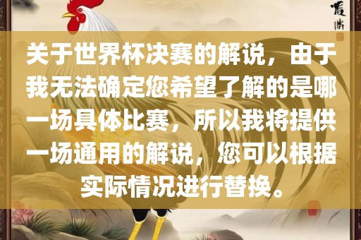 关于世界杯决赛的解说，由于我无法确定您希望了解的是哪一场具体比赛，所以我将提供一场通用的解说，您可以根据实际情况进行替换。