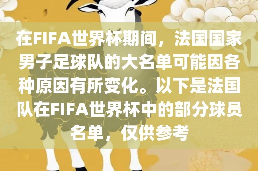 在FIFA世界杯期间，法国国家男子足球队的大名单可能因各种原因有所变化。以下是法国队在FIFA世界杯中的部分球员名单，仅供参考洪湖市顺升工程机械租赁有限公司