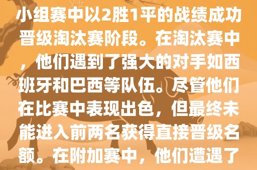 在2010年南非世界杯中，葡萄牙队的表现引人注目。他们在小组赛中以2胜1平的战绩成功晋级淘汰赛阶段。在淘汰赛中，他们遇到了强大的对手如西班牙和巴西等队伍。尽管他们在比赛中表现出色，但最终未能进入前两名获得直接晋级名额。在附加赛中，他们遭遇了实力强大的其他队伍，最终未能晋级世界杯决赛圈。