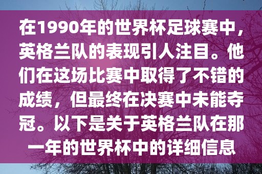 在1990年的世界杯足球赛中，英格兰队的表现引人注目。他们在这场比赛中取得了不错的成绩，但最终在决赛中未能夺冠。以下是关于英格兰队在那一年的世界杯中的详细信息洪湖市顺升工程机械租赁有限公司