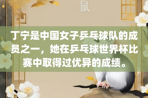 丁宁是中国女子乒乓球队的成员之一，她在乒乓球世界杯比赛中取得过优异的成绩。洪湖市顺升工程机械租赁有限公司