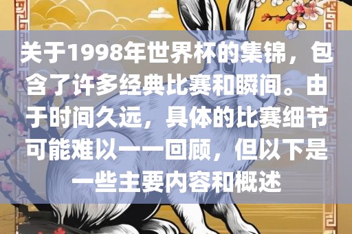 关于1998年世界杯的集锦，包含了许多经典比赛和瞬间。由于时间久远，具体的比赛细节可能难以一一回顾，但以下是一些主要内容和概述洪湖市顺升工程机械租赁有限公司