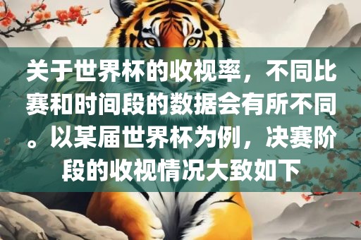 关于世界杯的收视率，不同比赛和时间段的数据会有所不同。以某届世界杯为例，决赛阶段的收视情况大致如下