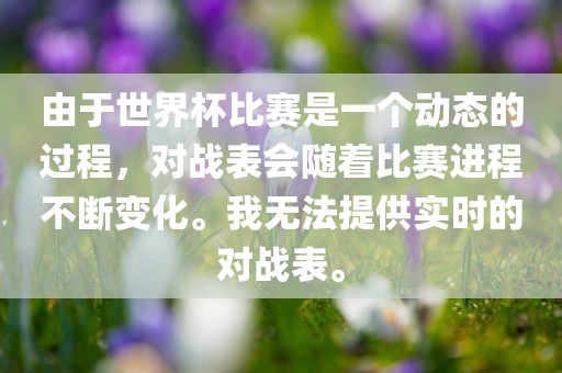 由于世界杯比赛是一个动态的过程，对战表会随着比赛进程不洪湖市顺升工程机械租赁有限公司断变化。我无法提供实时的对战表。