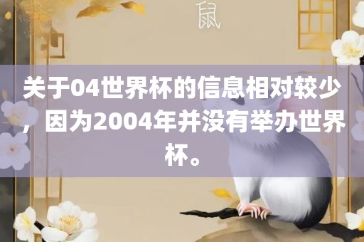 关于04世界杯的信息相对较少，因为2004年并没有举办世界杯。