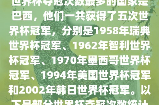 世界杯夺冠次数最多的国家是巴西，他们一共获得了五次世界杯冠军洪湖市顺升工程机械租赁有限公司，分别是1958年瑞典世界杯冠军、1962年智利世界杯冠军、1970年墨西哥世界杯冠军、1994年美国世界杯冠军和2002年韩日世界杯冠军。以下是部分世界杯夺冠次数统计