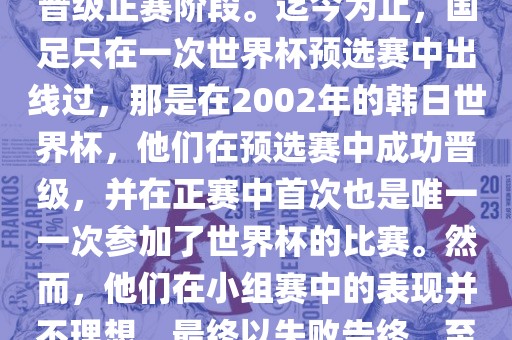 国足踢进世界杯是指中国男子足球队在世界杯足球赛中成功晋级正赛阶段。迄今为止，国足只在一次世界杯预选赛中出线过，那是在2002年的韩日世界杯，他们在预选赛中成功晋级，并在正赛中首次也是唯一一次参加了世界杯的比赛。然而，他们在小组赛中的表现并不理想，最终以失败告终。至于现在，国足还没有再次踢进世界杯。