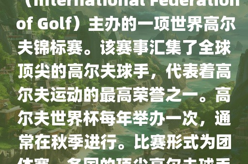 高尔夫世界杯（World Cup of Golf）是一项重要的国际高尔夫比赛，由国际高尔夫联合会（International Federation of Golf）主办的一项世界高尔夫锦标赛。该赛事汇集了全球顶尖的高尔夫球手，代表着高尔夫运动的最高荣誉之一。高尔夫世界杯每年举办一次，通常在秋季进行。比赛形式为团体赛，各国的顶尖高尔夫球手代表本国参赛，比赛地点会在全球各地的高尔夫球场之间轮换。