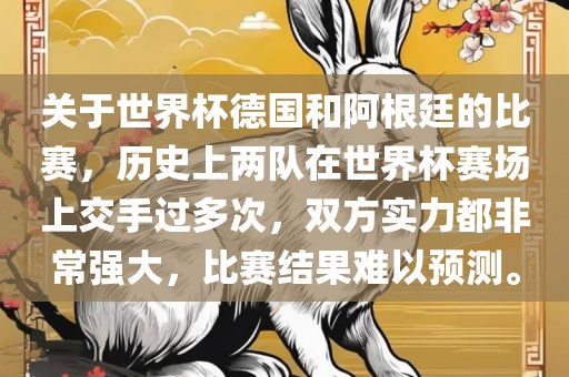 关于世界杯德国和阿根廷的比赛，历史上两队在世界杯赛场上交手过多次，双方实力都非常强大，比赛结果难以预测。