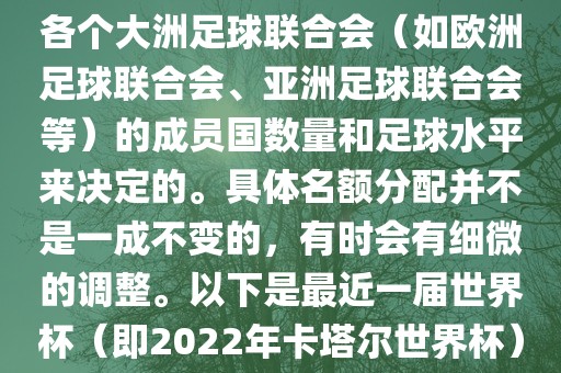 世界杯的名额分配通常是根据各个大洲足球联合会（如欧洲足球联合会、亚洲足球联合会等）的成员国数量和足球水平来决定的。具体名额分配并不是一成不变的，有时会有细微的调整。以下是最近一届世界杯（即2022年卡塔尔世界杯）各大洲的名额分配情况