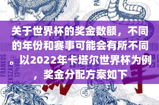 关于世界杯的奖金数额，不同的年份和赛事可能会有所不同。以2022年卡塔尔世界杯为例，奖金分配方案如下