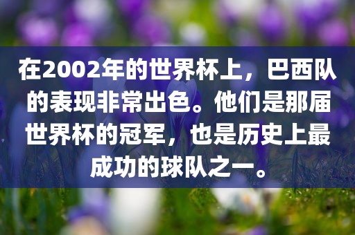 在2002年的世界杯上，巴西队的表现非常出色。他们是那届世界杯的冠军，也是历史上最成功的球队之一。洪湖市顺升工程机械租赁有限公司