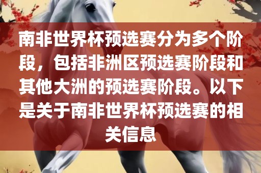 南非世界杯预选赛分为多个阶段，包括非洲区预选赛阶段和其他大洲的预选赛阶段。以下是关于南非世界杯预选赛的相关信息