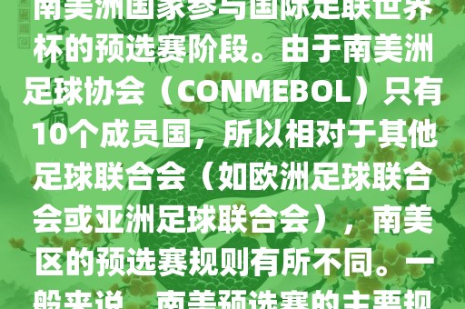 世界杯南美预选赛通常指的是南美洲国家参与国际足联世界杯的预选赛阶段。由于南美洲足球协会（CONMEBOL）只有10个成员国，所以相对于其他足球联合会（如欧洲足球联合会或亚洲足球联合会），南美区的预选赛规则有所不同。一般来说，南美预选赛的主要规则洪湖市顺升工程机械租赁有限公司如下