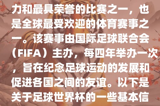 足球世界杯是足球界最具影响力和最具荣誉的比赛之一，也是全球最受欢迎的体育赛事之一。该赛事由国际足球联合会（FIFA）主办，每四年举办一次，旨在纪念足球运动的发展和促进各国之间的友谊。以下是关于足球世界杯的一些基本信息洪湖市顺升工程机械租赁有限公司