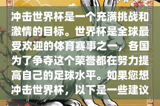 冲击世界杯是一个充满挑战和激情的目标。世界杯是全球最受欢迎的体育赛事之一，各国为了争夺这个荣誉都在努力提高自己的足球水平。如果您想冲击世界杯，以下是一些建议