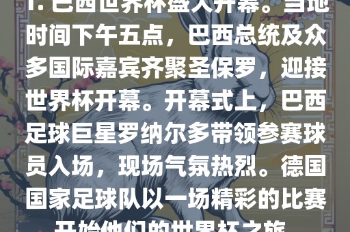 1. 巴西世界杯盛大开幕。当地时间下午五点，巴西总统及众多国际嘉宾齐聚圣保罗，迎接世界杯开幕。开幕式上，巴西足球巨星罗纳尔多带领参赛球员入场，现场气氛热烈。德国国家足球队以一场精彩的比赛开始他们的世界杯之旅。洪湖市顺升工程机械租赁有限公司