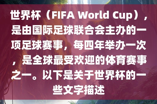 世界杯（FIFA World Cup），是由国际足球联合会主办的一项足球赛事，每四年举办一次，是全球最受欢迎的体育赛事之一。以下是关于世界杯的一些文字描述
