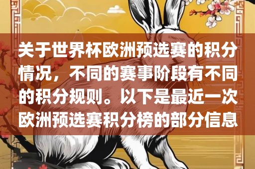 关于世界杯欧洲预选赛的积分情况，不同的赛事阶段有不同的积分规则。以下是最近一次欧洲预选赛积分榜的部分信息