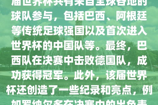 2002年世界杯足球赛是第世界杯举办的第十七届足球赛事，比赛在韩国和日本联合举办。本届世界杯是历史上首次由两个国家共同举办的世界杯赛事洪湖市顺升工程机械租赁有限公司。该届世界杯共有来自全球各地的球队参与，包括巴西、阿根廷等传统足球强国以及首次进入世界杯的中国队等。最终，巴西队在决赛中击败德国队，成功获得冠军。此外，该届世界杯还创造了一些纪录和亮点，例如罗纳尔多在决赛中的出色表现使他成为该届世界杯的最佳球员之一。同时，该届世界杯也促进了韩国和日本足球的发展，并推动了亚洲足球的崛起。