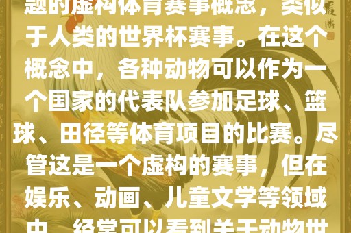 动物世界杯是一个以动物为主题的虚构体育赛事概念，类似于人类的世界杯赛事。在这个概念中，各种动物可以作为一个国家的代表队参加足球、篮球、田径等体育项目的比赛。尽管这是一个虚构的赛事，但在娱乐、动画、儿童文学等领域中，经常可以看到关于动物世界杯的故事和情节。洪湖市顺升工程机械租赁有限公司