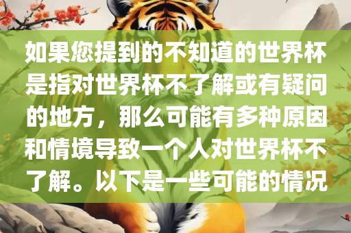 如果您提到的不知道的世界杯是指对世界杯不了解或有疑问的地方，那么可能有多种原因和情境导致一个人对世界杯不了解。以下是一些可能的情况洪湖市顺升工程机械租赁有限公司