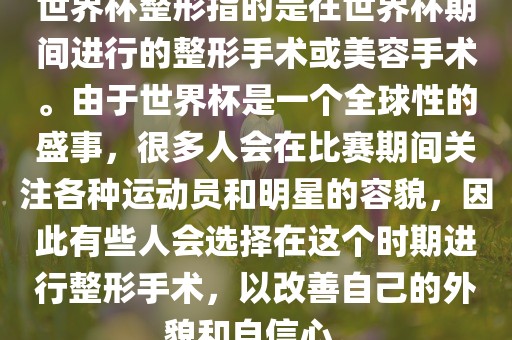 世界杯整形指的是在世界杯期间进行的整形手术或美容手术。由于世界杯是一个全球性的盛事，很多人会在比赛期间关注各种运动员和明星的容貌，因此有些人会选择在这个时期进行整形手术，以改善自己的外貌和自信心。洪湖市顺升工程机械租赁有限公司