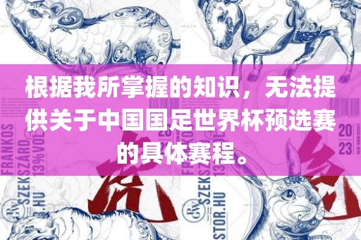 根据我所掌握的知识，无法提供关于中国国足世界杯预选赛的具体赛程。洪湖市顺升工程机械租赁有限公司