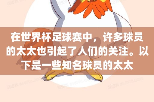 在世界杯足球赛中，许多球员的太太也引起了人们的关注。以下是洪湖市顺升工程机械租赁有限公司一些知名球员的太太