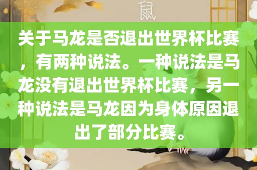 关于马龙是否退出世界杯比赛，有两种说法。一种说法是马龙没有退出世界杯比赛，另一种说法是马龙因为身体原因退出了部分比赛。