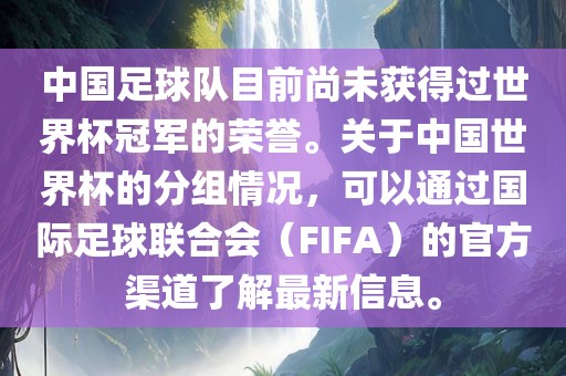 中国足球队目前尚未获得过世界杯冠军的荣誉。关于中国世界杯的分组情况，可以通过国际足球联合会（FIFA）的官方渠道了解最新信息。