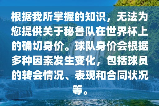 根据我所掌握的知识，无法为您提供关于秘鲁队在世界杯上的确切身价。球队身价会根据多种因素发生变化，包括球员的转会情况、表现和合同状况等。洪湖市顺升工程机械租赁有限公司