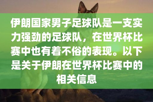 伊朗国家男子足球队是一支实力强劲的足球队，在世界杯比赛中也有着不俗的表现。以下是关于伊朗在世界杯比赛中的相关信息
