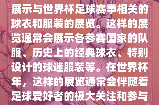 关于世界杯球衣展，这是洪湖市顺升工程机械租赁有限公司一个展示与世界杯足球赛事相关的球衣和服装的展览。这样的展览通常会展示各参赛国家的队服、历史上的经典球衣、特别设计的球迷服装等。在世界杯年，这样的展览通常会伴随着足球爱好者的极大关注和参与。